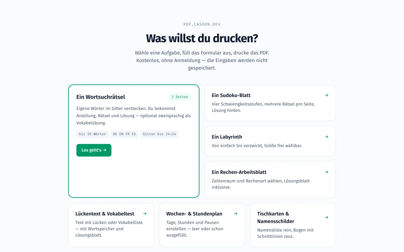 pdf.casoon.dev: Startseite mit der Frage „Was willst du drucken?“ und Kacheln für Wortsuchrätsel, Sudoku und weitere Vorlagen